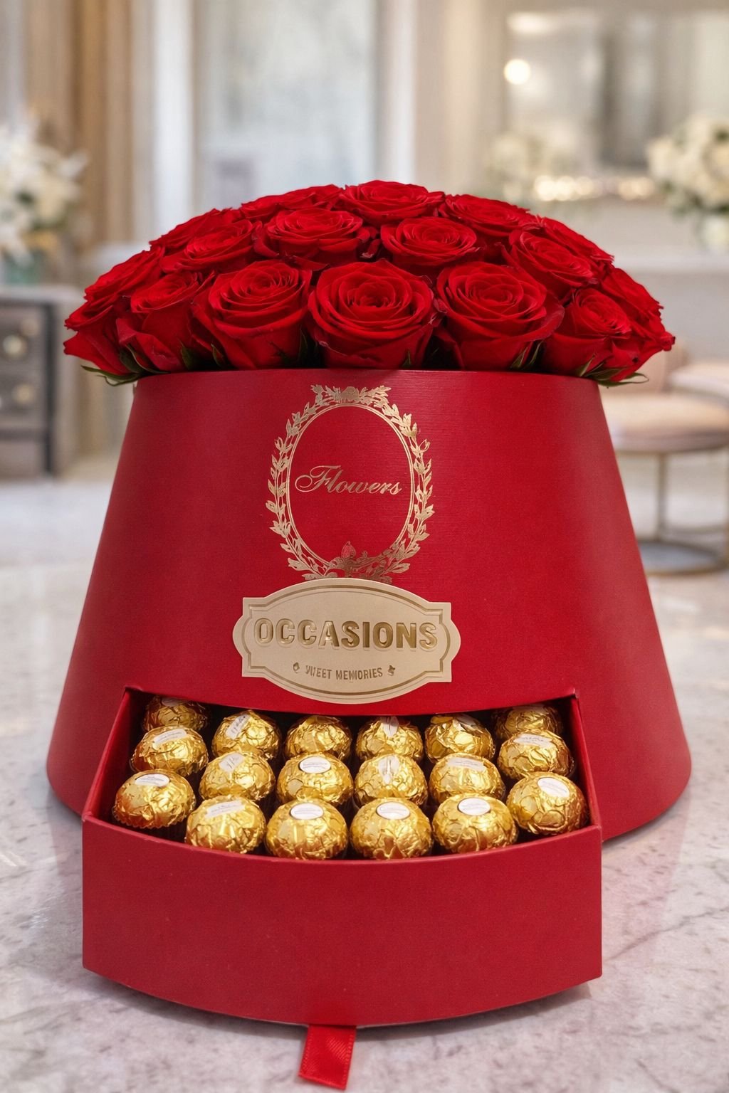 Red box with red roses & ferrero rocher