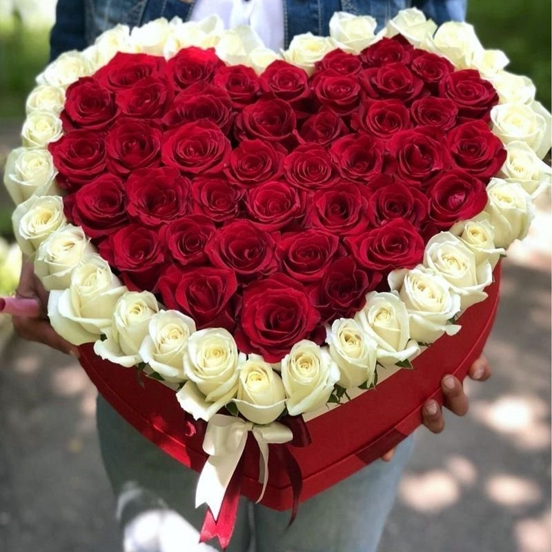 Red & white roses in red heart box
